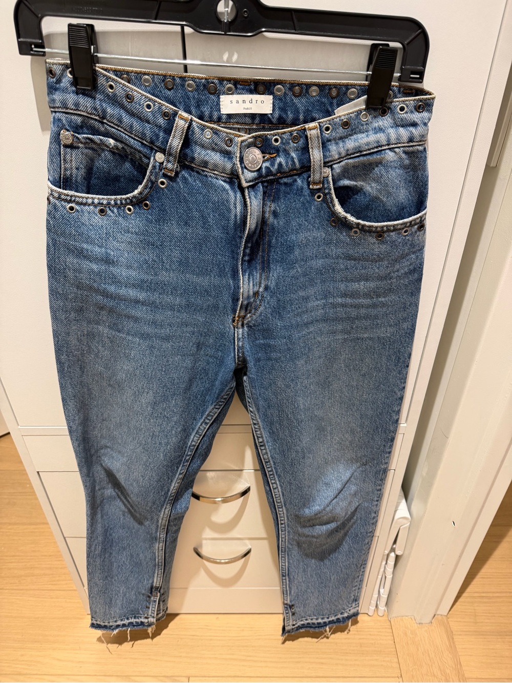 Sandro Blue Studded High-Rise Cropped Jeans